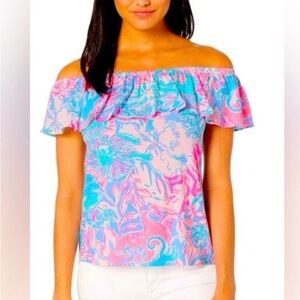 Lilly Pulitzer Off-Shoulder Floral Ruffle Top in Pink & Blue Size M
